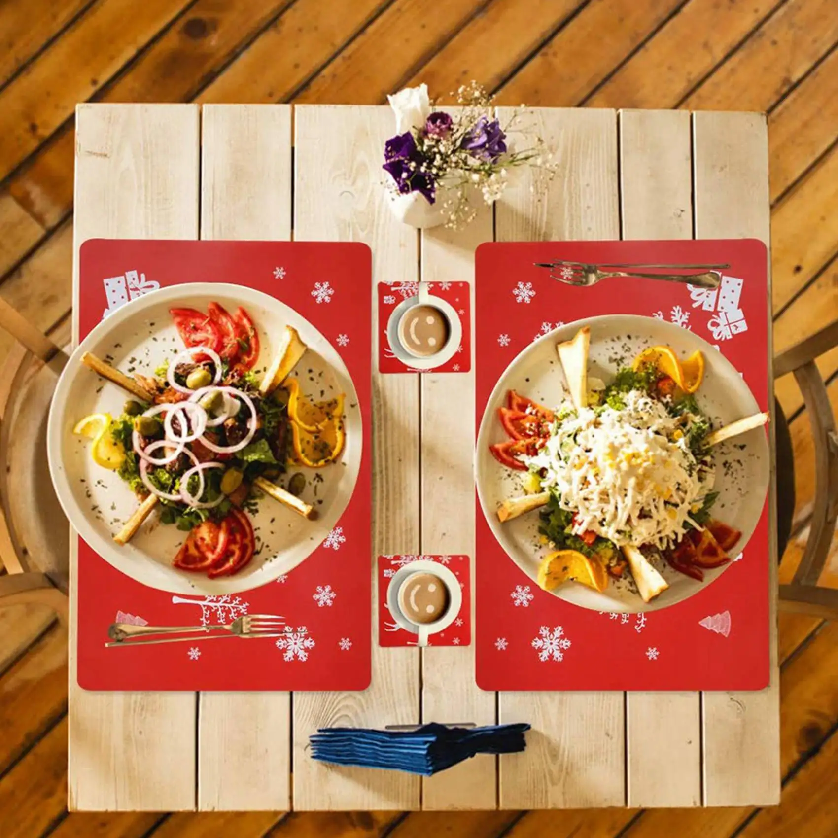 ABMI-Juego de manteles individuales lavables para Navidad, manteles individuales de 12 manteles individuales y 12 tapetes para tazas, alce, árbol de Navidad, estampado de copos de nieve,