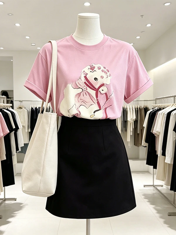 

Large Size Women's Summer New Style Print Short Sleeve T-Shirt A-Line Skirt Set Casual Commute Korean Style Fashion