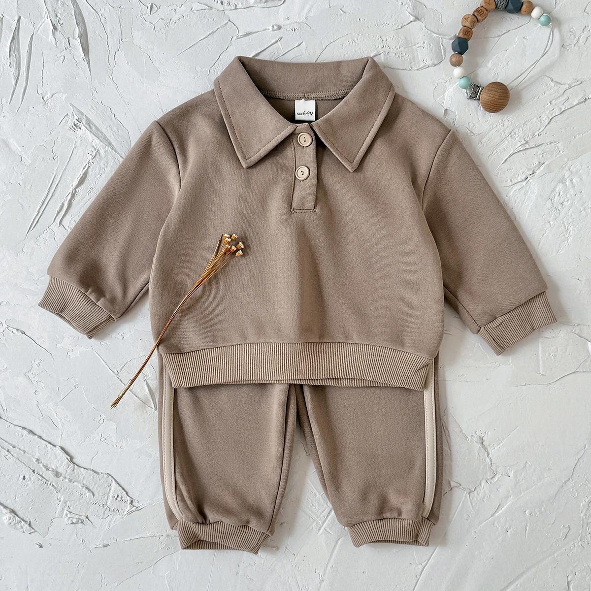 Spring Autumn Baby Khaki Polo Collar Set Button Pullover Sweatshirt Side Stripe Jogger Pants Unisex Toddler 2Pcs Outfit