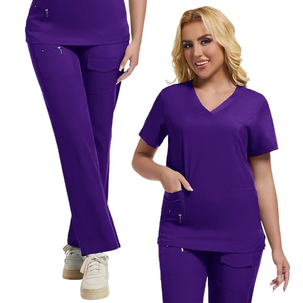 Workwear Nursing Women Scrubs Pants Elastic Wholesale Working Uniform Women Short Sleeve Neck Tops Dental Hospital Scrubs Suits