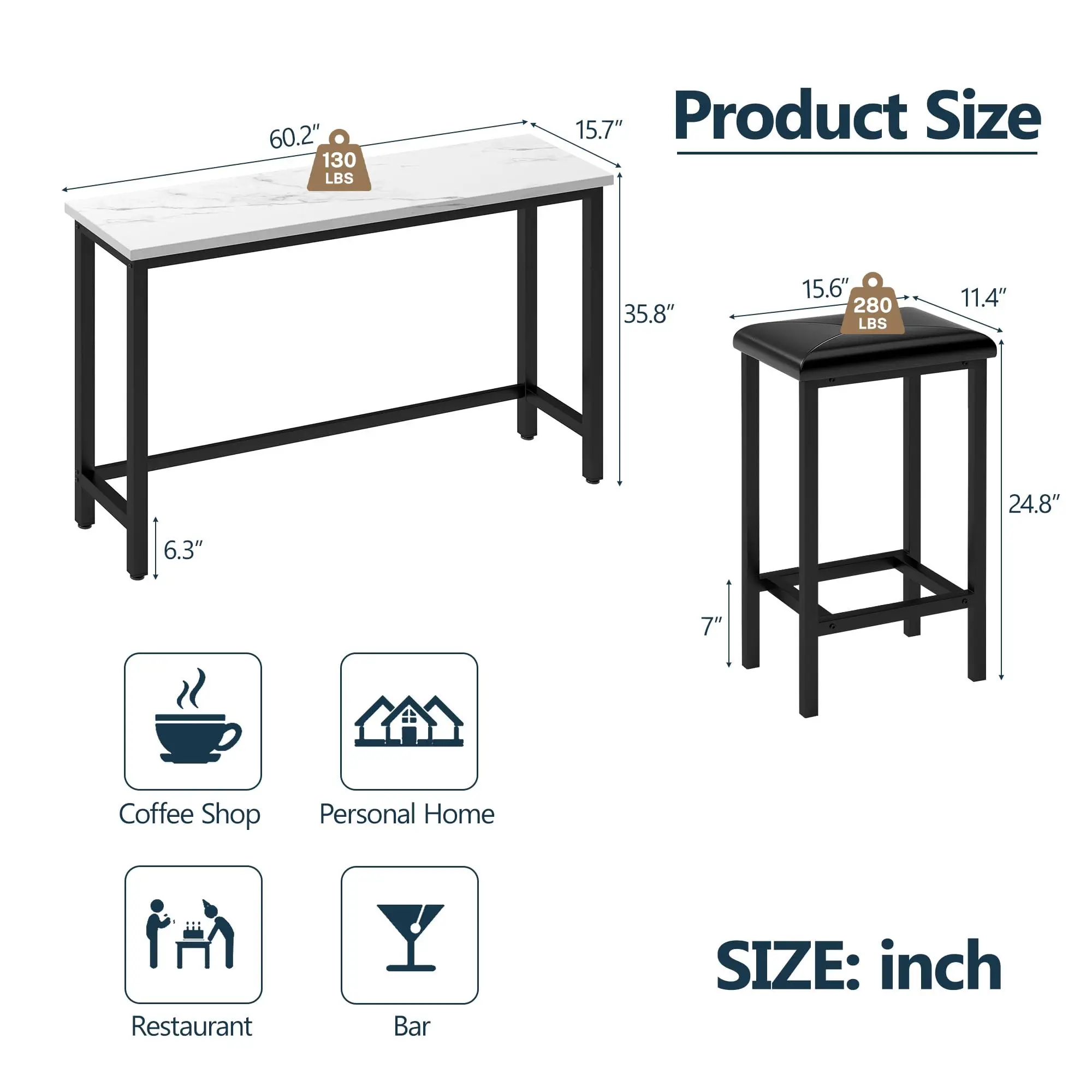 4-Piece Bar Table and Chairs Set with 3 PU Upholstered Bar Stools, 60.2
