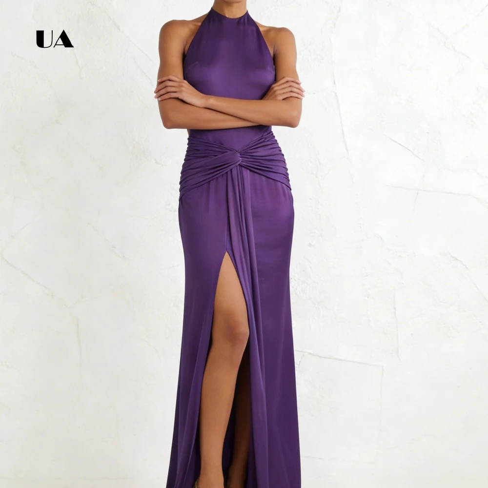 ULBYANRY Gerades Ballkleid aus gerafftem Satin mit Neckholder-Ausschnitt, solides ärmelloses Abendkleid, rückenfreies, individuelles Partykleid