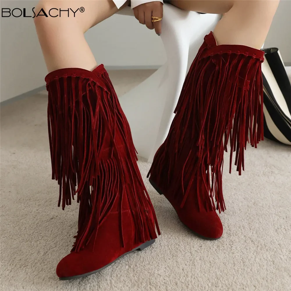 

2025 Fashion Autumn Winter New Ethnic Woman Bohemian Flock Tassle Hidden Moccasin Mid-Calf Boots Fringe Female Slip On Shoes