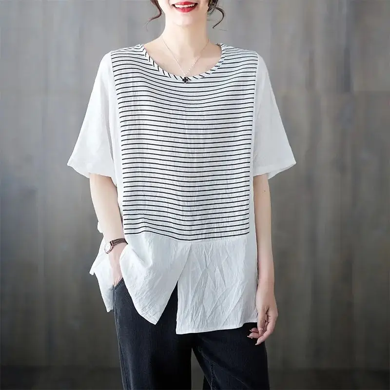 Fashion Striped Patchwork T Shirts Summer New Short Sleeve Loose Solid Split Hem Casual Tops Tees Vintage Trend Women Clothing