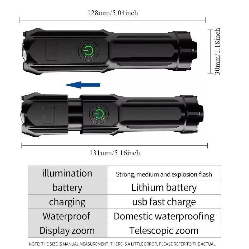 Powerful LED Flashlight Rechargeable USB Built-in Lithium Battery Waterproof Zoom Fishing Hunting Camping Tactical Flashlight image 4