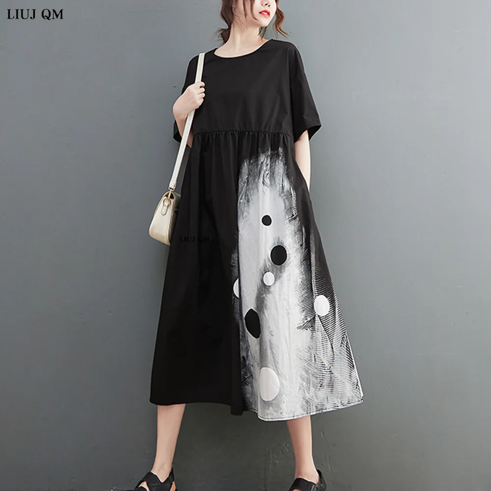 2023 Plus Size Summer White Patchwork Print abiti per le donne manica corta allentato Casual Vintage Dress Fashion abbigliamento elegante