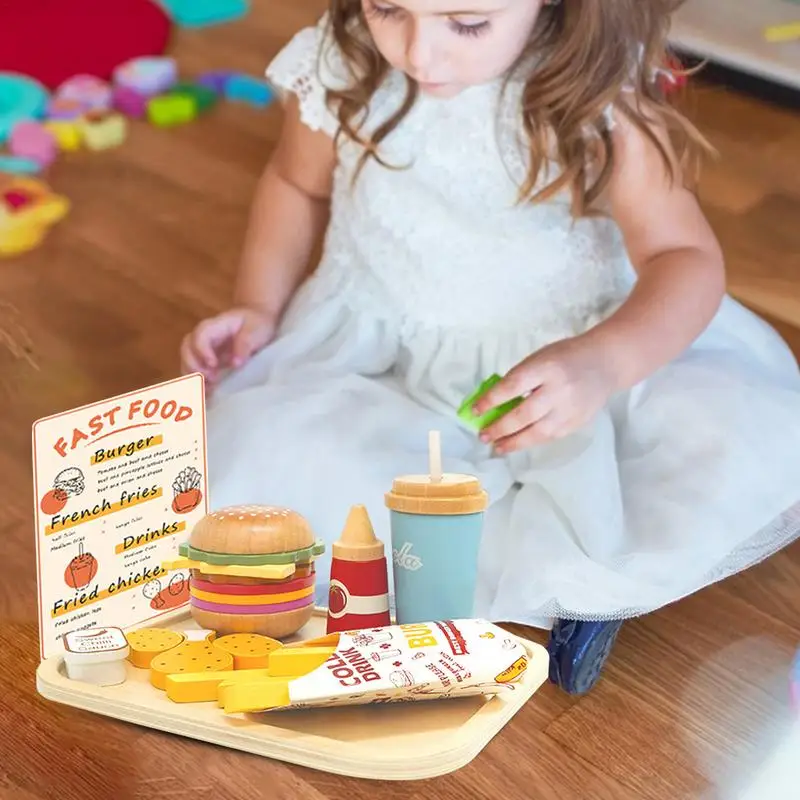 Set di giocattoli per fast food in legno Hamburger Patatine fritte Pollo fritto Bevande Gioca Accessori da cucina Hamburger Patatine fritte Pollo fritto