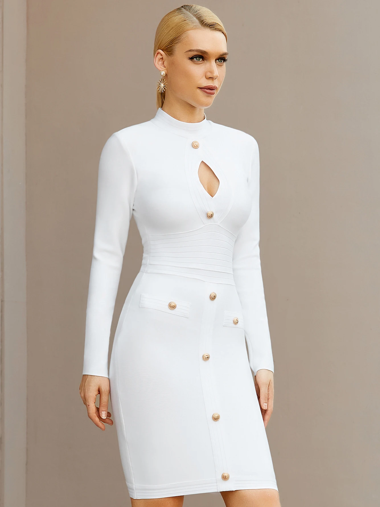 Adyce New Arrivals Women White Long Sleeve Bodycon Bandage Celebrity Party Dress Sexy Hollow Out Buttons Club Runway Dress 2024