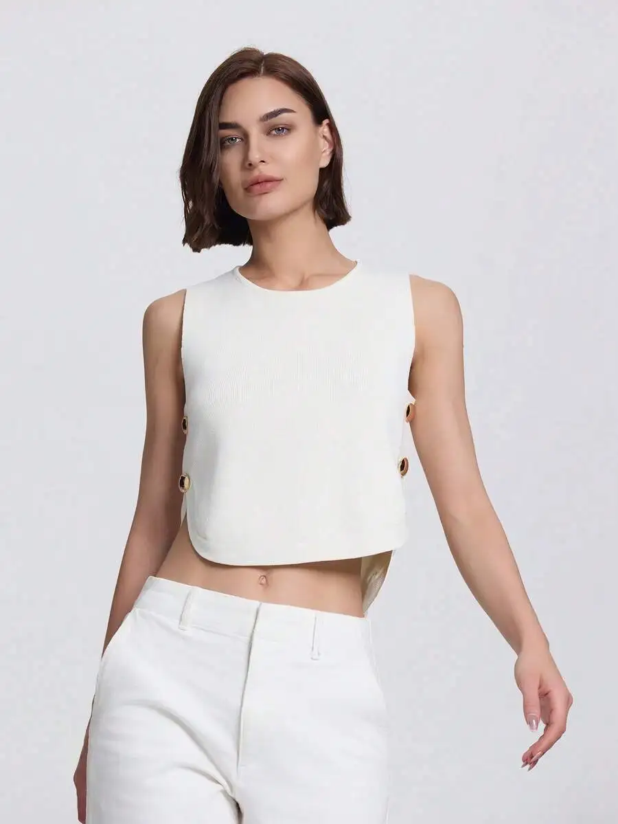 

Women Side Button Round Neck Casual Knitted Sleeveless Vest