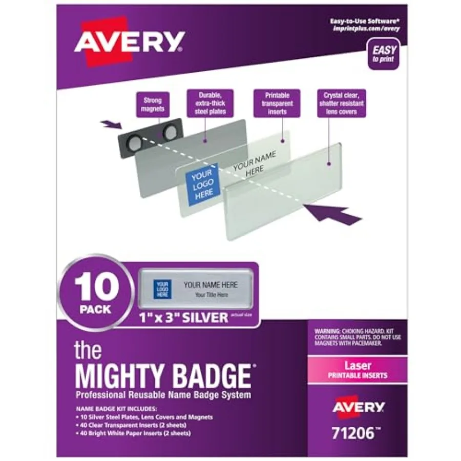 

Reusable Magnetic Professional Name Badge System 1" x 3" Silver Name Tags 10 Identification Badges 80 Laser Printable Inserts D