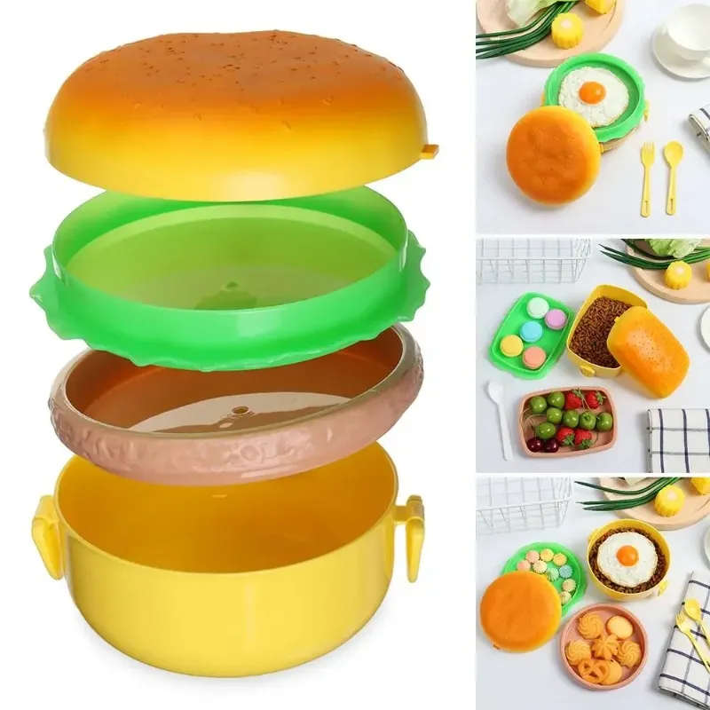 

Hamburger Lunch Box Double Tier Cute Burger Bento Box Microwave Children School Meal Food Container Tableware Set Gifts