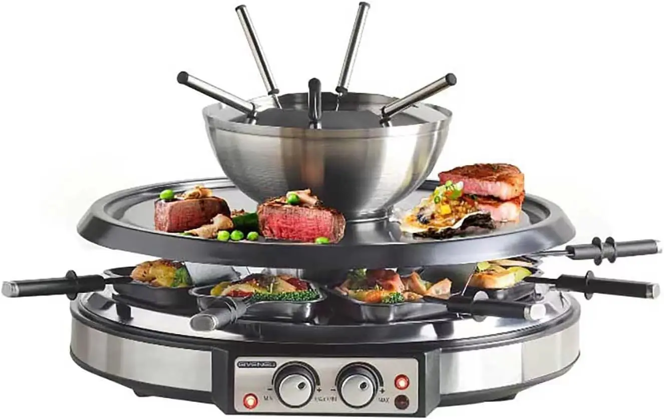 Fondue Pot Sets with Barbecue Grill, 600ml Fondue Pot with 8 Forks and Electric Raclette, Dual Adjustable Thermostats, Perfect F