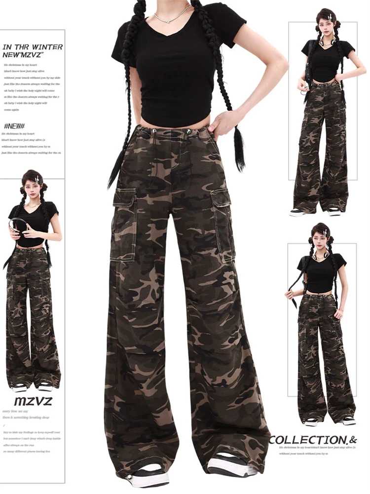 

WCFCX STUDIO American Vintage Camouflage Cargo Pants Women Y2K Streetwear High Waist Jeans Wide Leg Denim Trousers Straight Pant