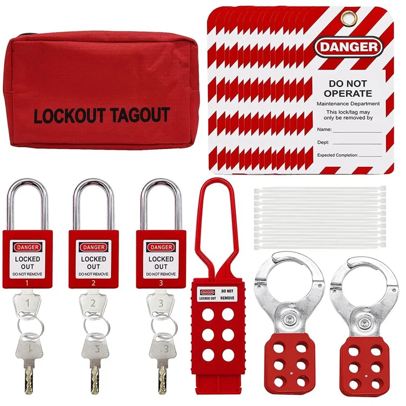 Lockout Tagout Kit, Nylon Ties, Safety Padlocks With Number,Group Lockout Hasps, Universal Kit With Red Pocket Bag Easy Install