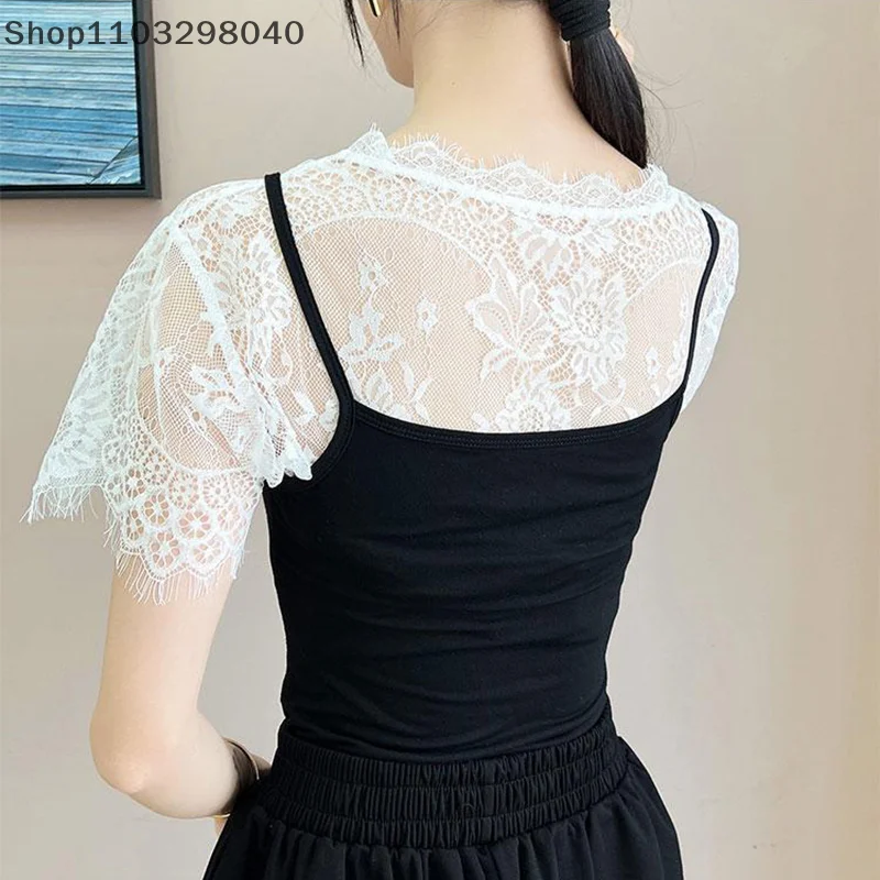 Sheer Floral Lace Top with Removable Fake Collar for Women