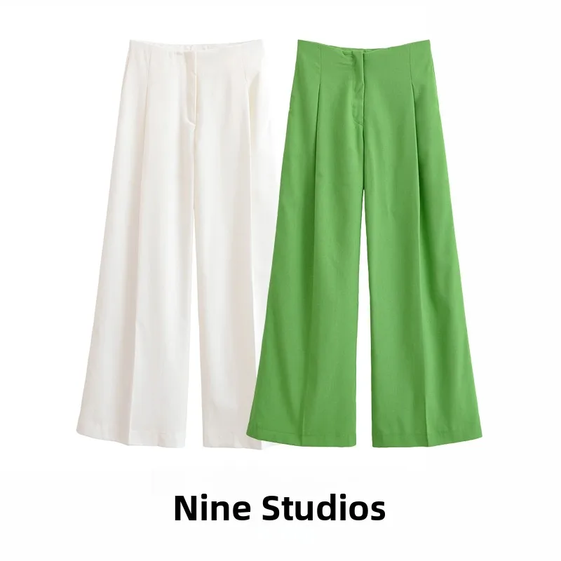 Broek met hoge taille en wijde pijpen Losse vrijetijdsbroek Pure kleur Geplooide lange broek voor dames Linnen Materiaal Woon-werkverkeer Sle Recht...