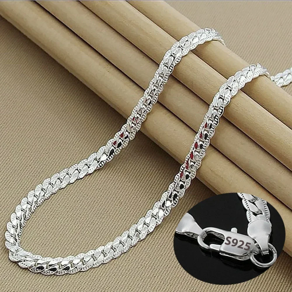 925 Sterling Silver 2 Piece Full Side Chain Necklace Bracelet Women Men Fashion Jewelry Set Wedding Gift