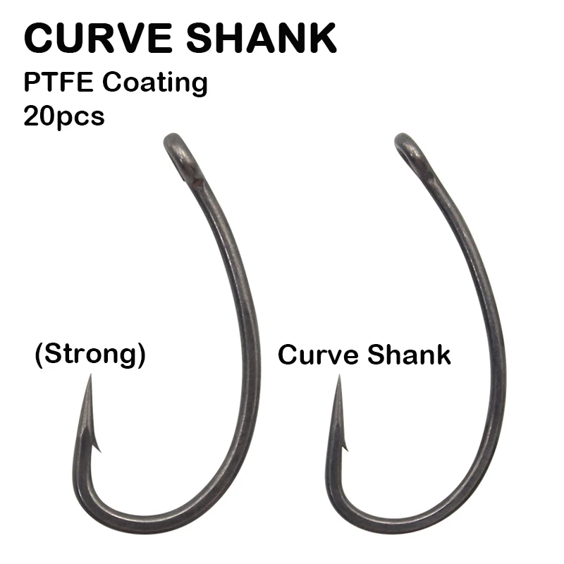 20 pieces  Carp Fishing Hooks Matt Black Size 2/4/6/8 Curve Shank PTFE Coating Barbed Hook Forged Shank For Carp Fishing Rig