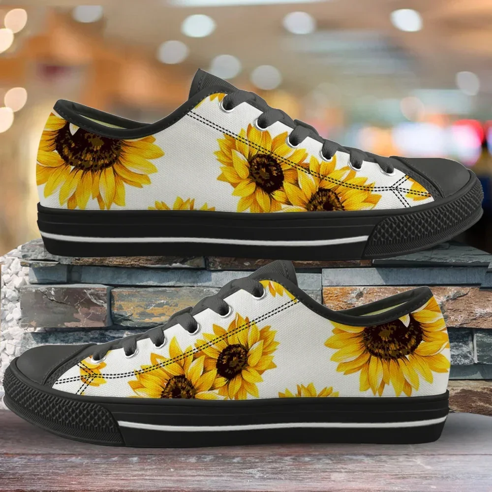 Tênis low top flor amarela para mulheres, tênis de lona branco e preto, lindo design de girassol, designer de senhoras