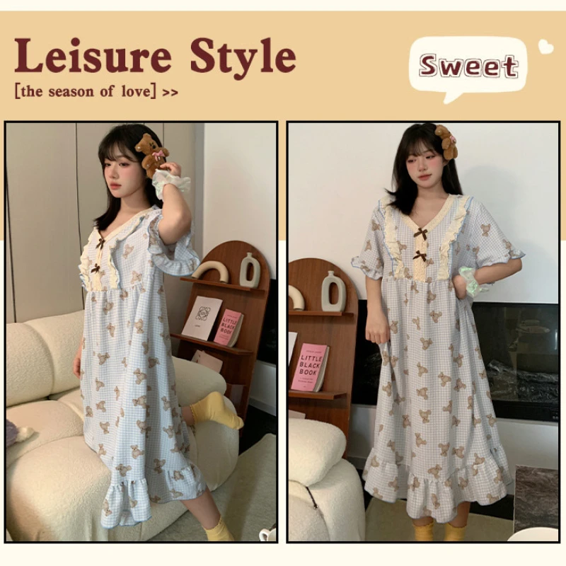 130kg Super Large Size House Long Dress Women\'s Extended Nightgown Summer Short Sleeve Pajamas Korean Students Loose Loungewear