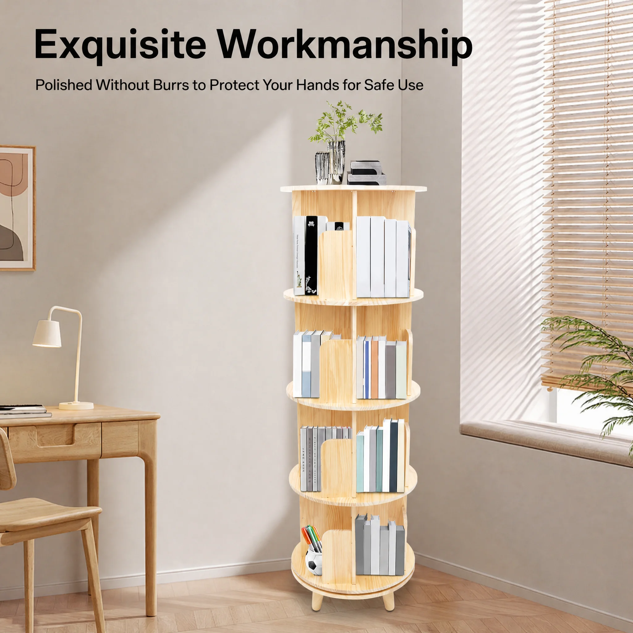 Rotating Bookshelf, 4 Tiers Wooden Book Rack, Freestanding Revolving Bookcase for Storing Books, Precious Souvenirs Layer Height 31cm/12.2in
