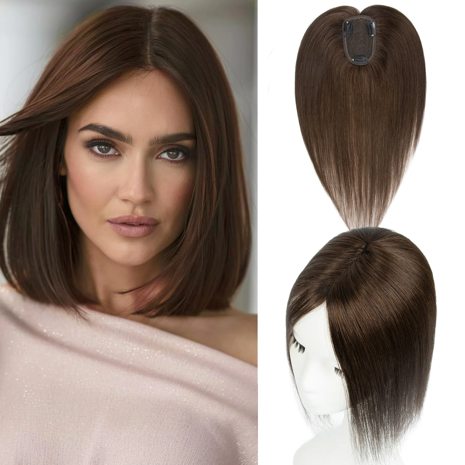 

Накладки для волос для женщин с редеющими волосами, из натуральных волос, темно-коричневые, на заколках, для верхней части головы, пышные, без челки, 10 дюймов