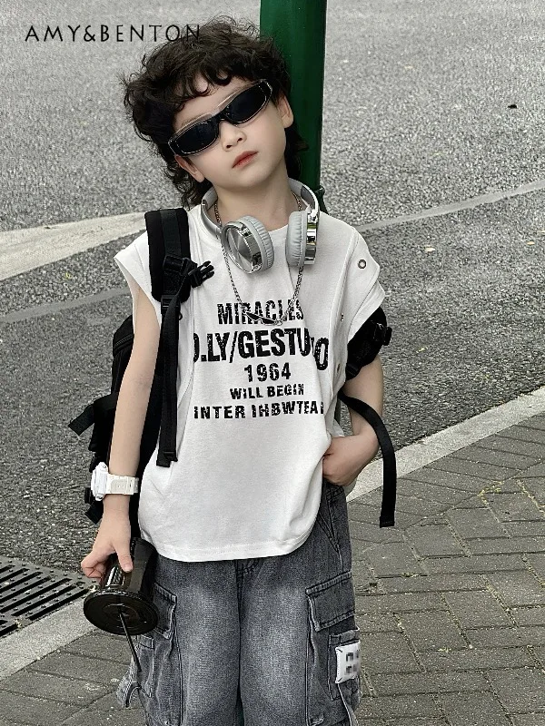 

Boys Summer Sleeveless Tank Top Kids Letter Print Casual Streetwear Vest Cool Style Top for Toddler Boys Kids Clothes