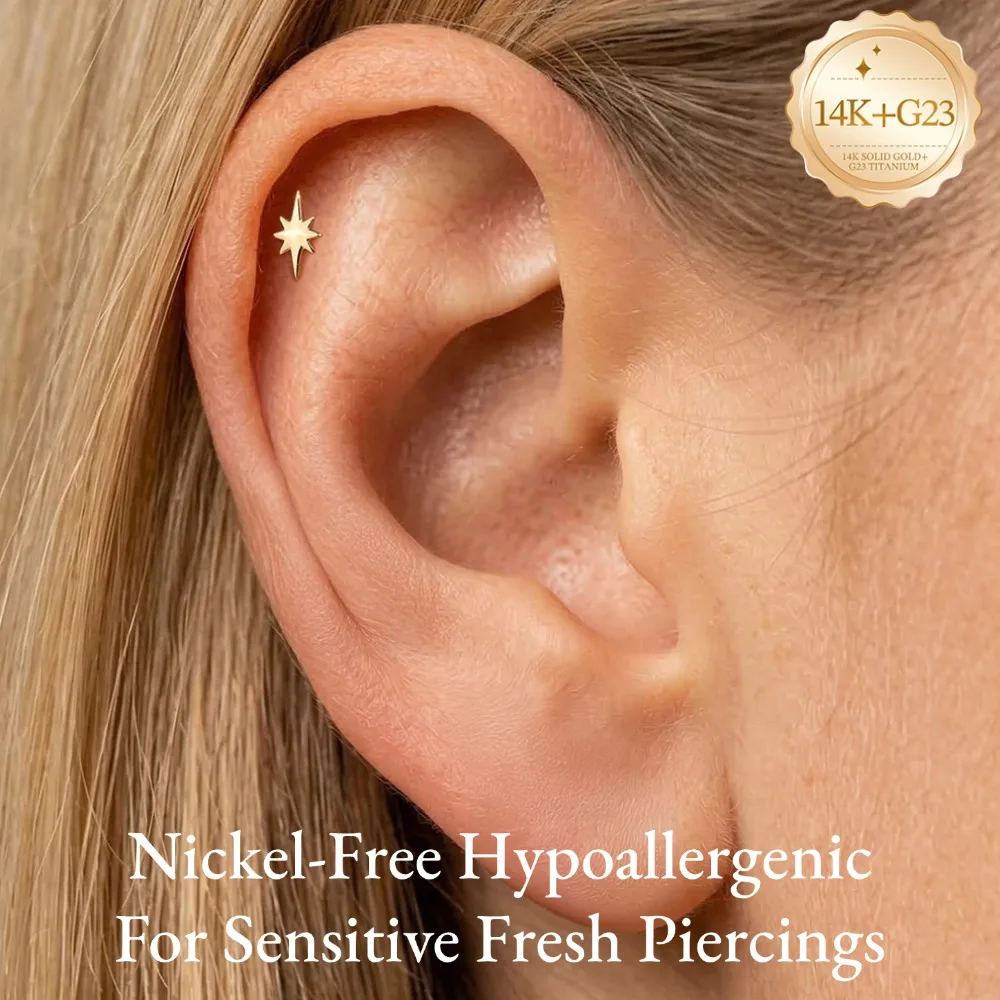 DIeSchein 14K Gold Tragus Helix Earring for Women North Star Stud Screw Labret Flat Back Earring for Helix Tragus Daith Piercing
