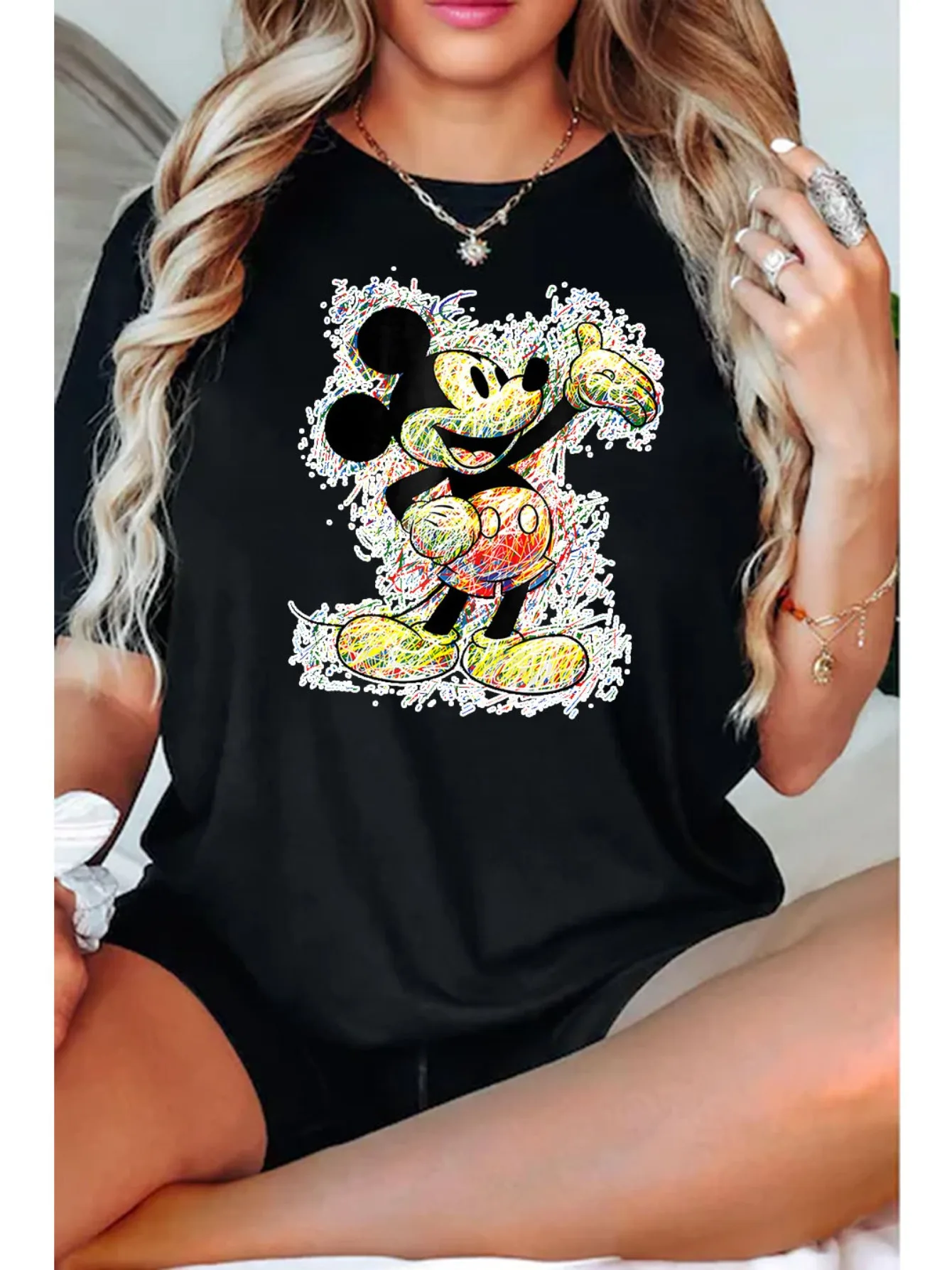 

Disney Mickey Mouse Graphic Printing Summer Autumn Winter Cotton Men's and Women's T-shirts Short Sleeves Luxury Outdoor Sports