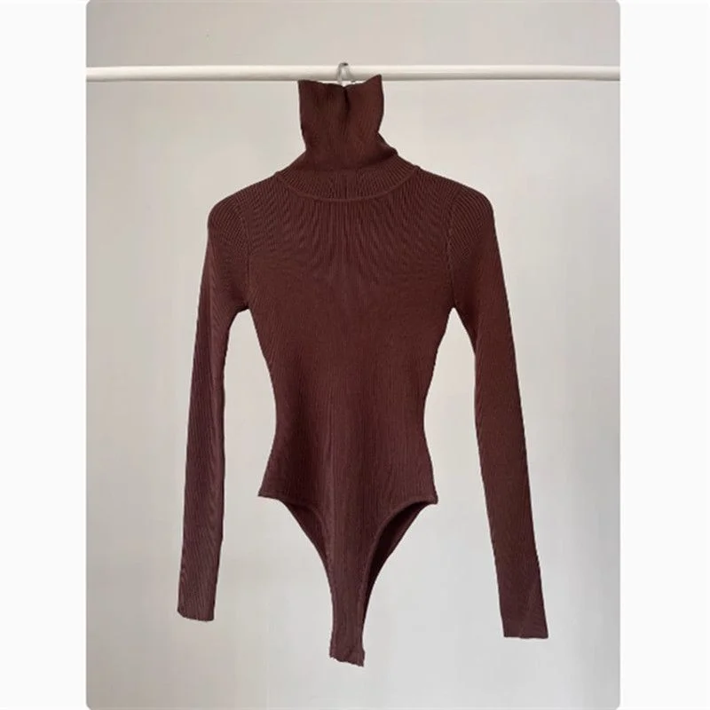 

Elastic High Collar Slimming One-Piece Suit Women's Autumn Winter Inner Wear Color Long Sve Monokini Base irt Top