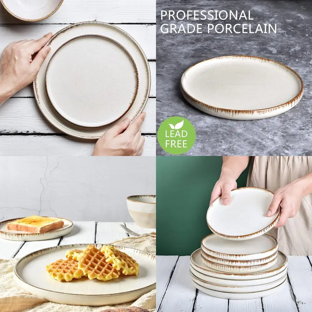 

Set of 4 Beige Stoneware Dinner Plates - Ideal for Salad, Pasta, Dessert, Microwave and Dishwasher Safe, 8.2 inches