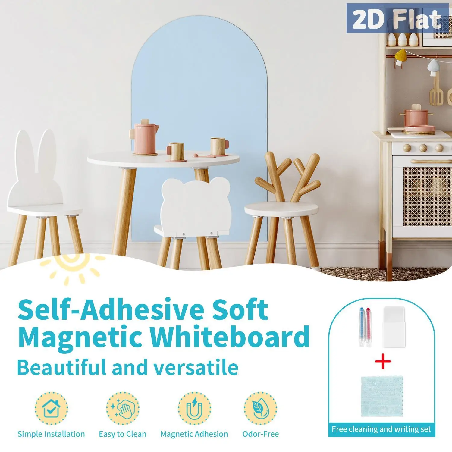 1 قطعة ملصق حائط على شكل سبورة بيضاء مقوسة قابلة للفصل باللون الأزرق الفاتح، ديكور غرفة المعيشة وغرفة النوم
