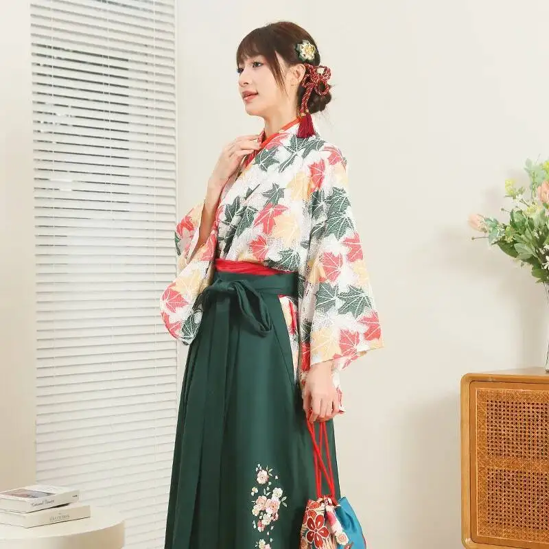 Japanese Kimono Women's Green Yukata Hakama Dress Set Graduation Style Dress and Traditional Style