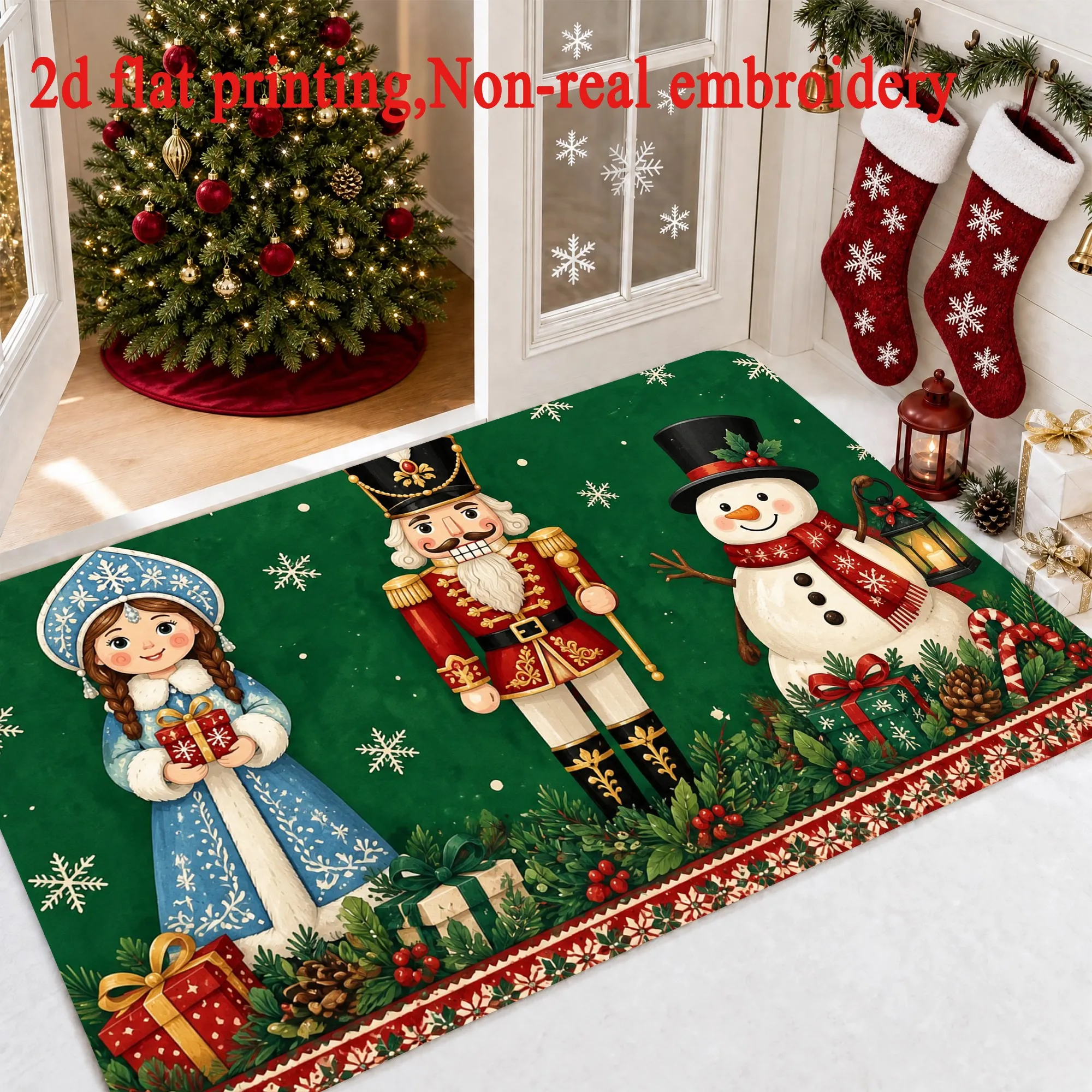 Retro Snow Cottage Scene Doormat Night Sky Bird Pine Tree Floor Mat Bedroom Christmas Seasonal Decoration