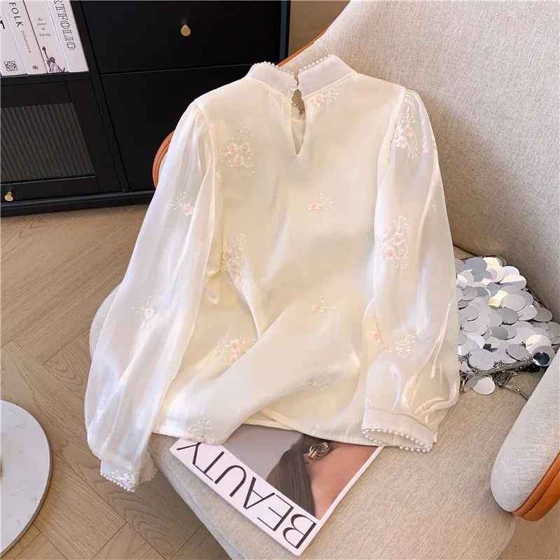 Embroidery Chinese Style Blouses Spring/Summer Vintage Women\'s Shirt Loose Chiffon Women Tops Long Sleeves Clothing 2024 Korean