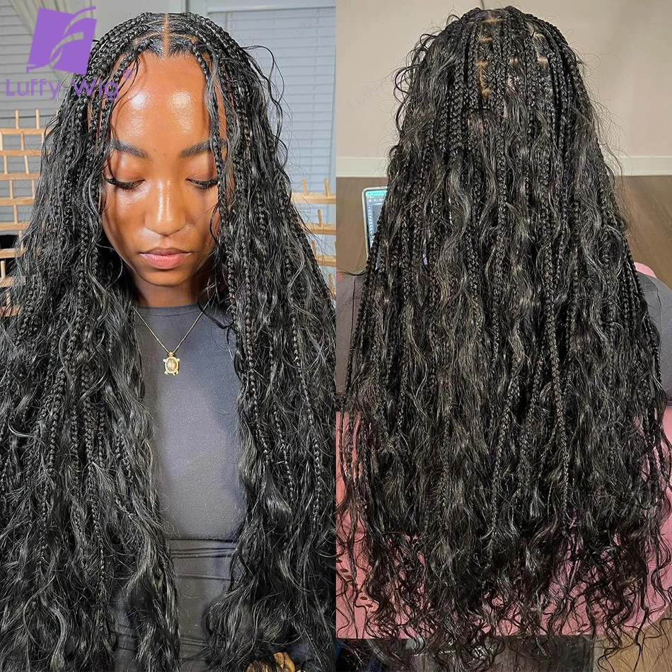 Loose Wave Goddess Boho Box Braids Crochet Human Hair with Curly Ends Synthetic Braid with Human Hair Curls for Black Women 24