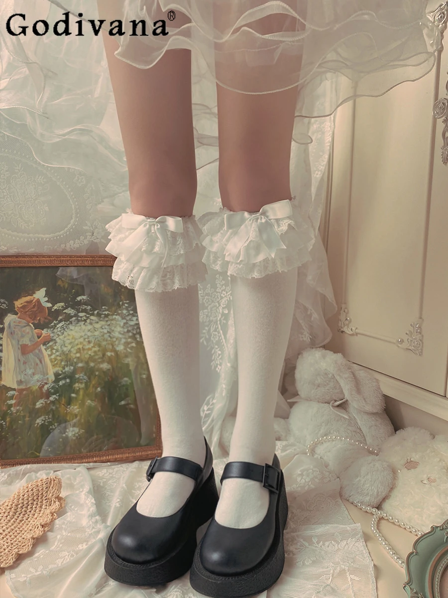 

Japanese Sweet Y2k Girly Lolita Lace Bow White Mid Length Socks 2024 Summer Fashion JK Elegant Hosiery Women Kawaii Stockings