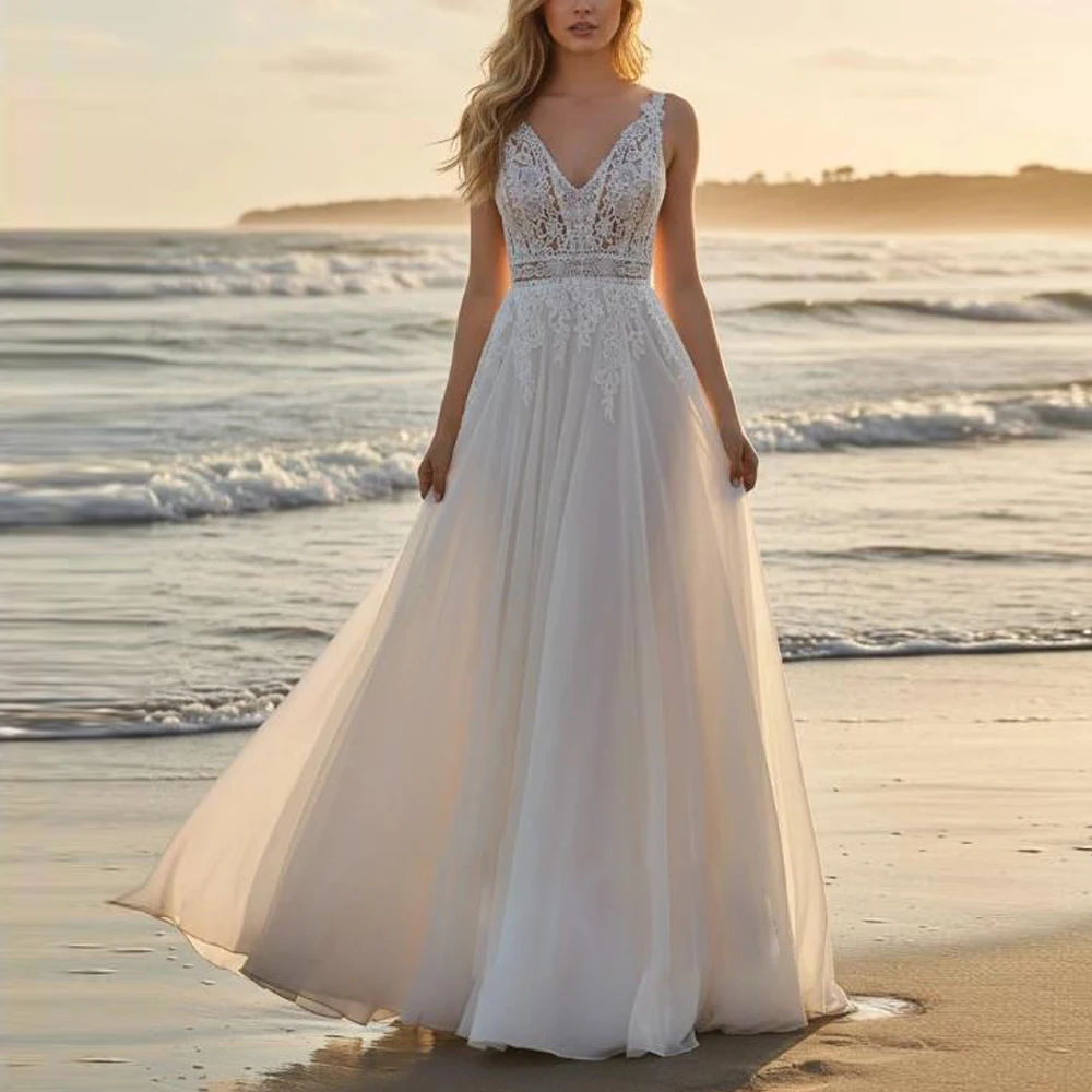 Maßgeschneidertes Strandhochzeitskleid mit V-Ausschnitt und Spitze, offener Rücken, A-Linie, Brautkleid, Spaghettiträger, bodenlang, Sommerhochzeitskleider