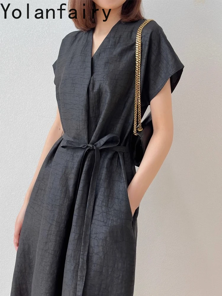 YOLANFAIRY High-end Gauze Silk Summer Dresses 2025 Woman Loose V-neck 100% Mulberry Silk Black Dress Lace-up vestidos para mujer
