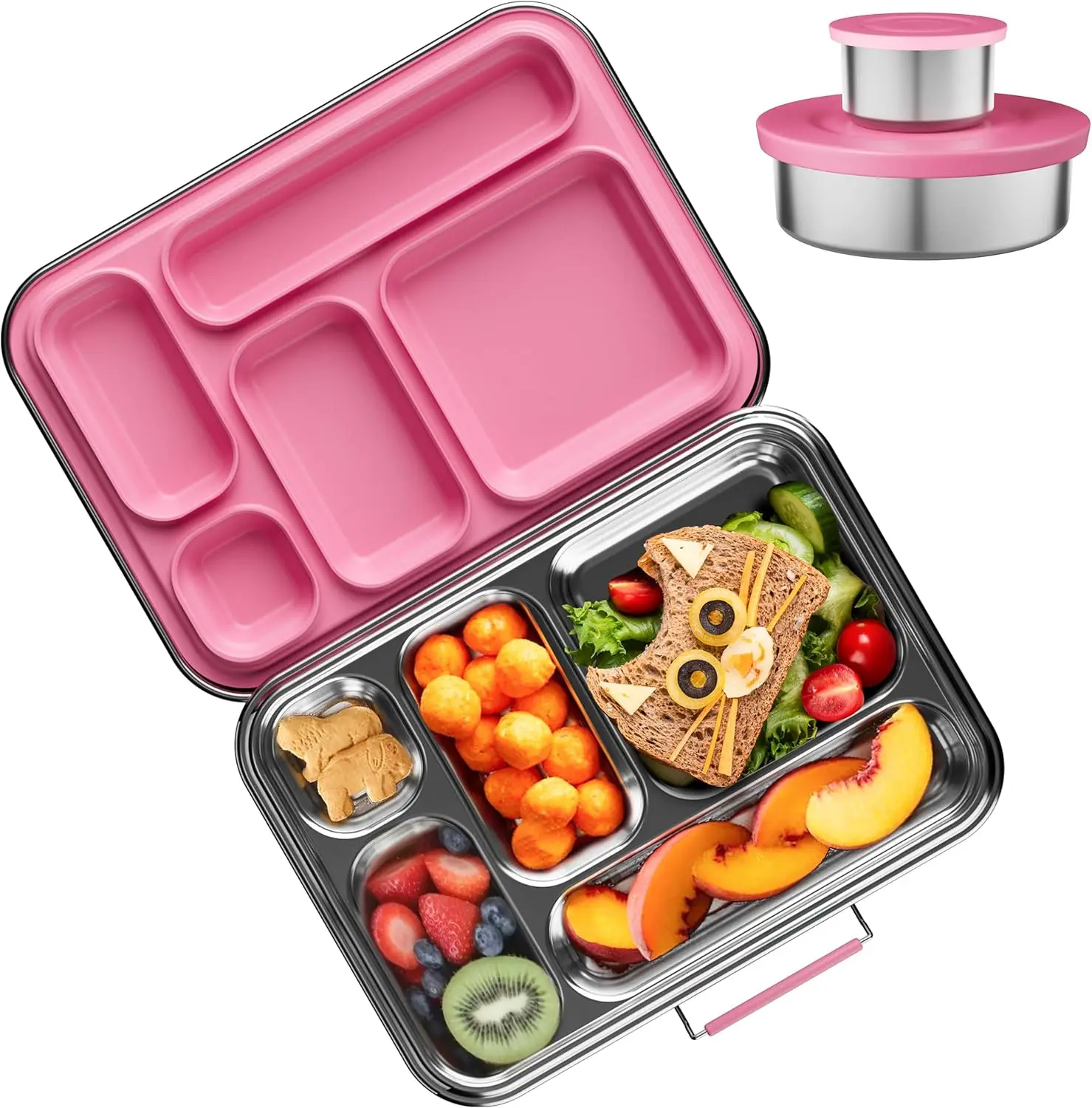 

Kids Stainless Steel Bento Box, 5-Compartment Leakproof Lunch Container for School & Office, Pink