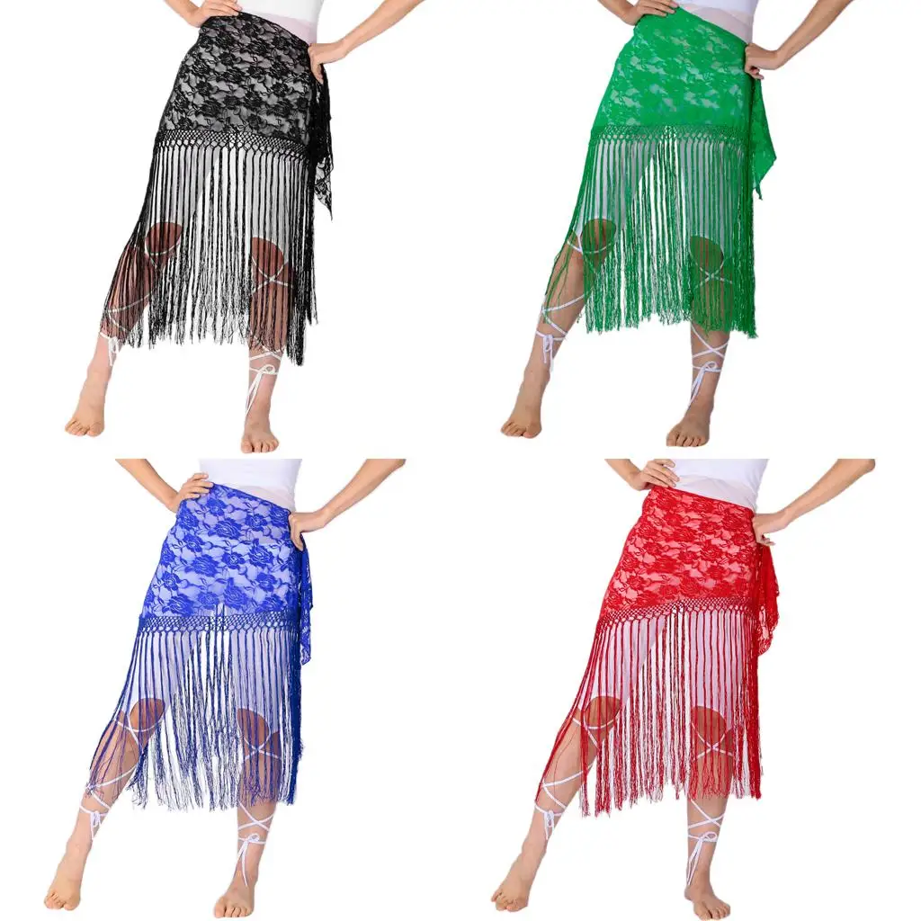 Women Lady Vintage Belly Dance Long Fringe Tassel Skirt Lace Floral Triangle Hip Scarf Dancewear