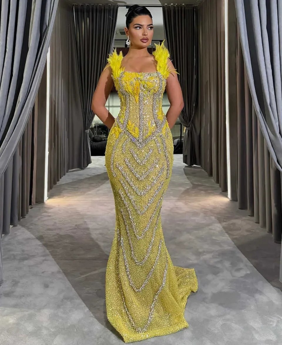 Luxury Mermaid ชุดราตรี Elegant Beaded Sequined Feather สแควร์คอพรหมชุดคริสตัลคนดังชุดที่กําหนดเอง