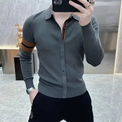 Autumn Winter Men's Knitted T-shirt Long Sleeve Lapel Casual Business Tshirts Social Streetwear Bottoming Shirt Men Clothing