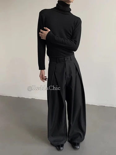 Imagen 2 del producto REDDACHiC Pantalones de pierna ancha con frente plisado para hombre, pantalones elegantes de cintura baja sólidos negros Cleanfit, ropa informal para trabajo de oficina Unisex