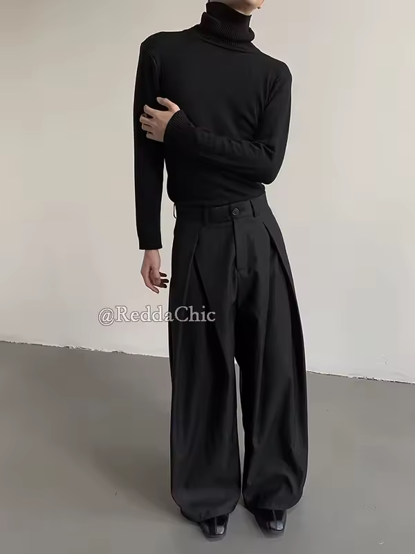 REDDACHiC Men's Pleated Front Wide Leg Pants Cleanfit Black Solid Low Waist Dressy Trousers Unisex Office Work Casual Clothes - Image 2
