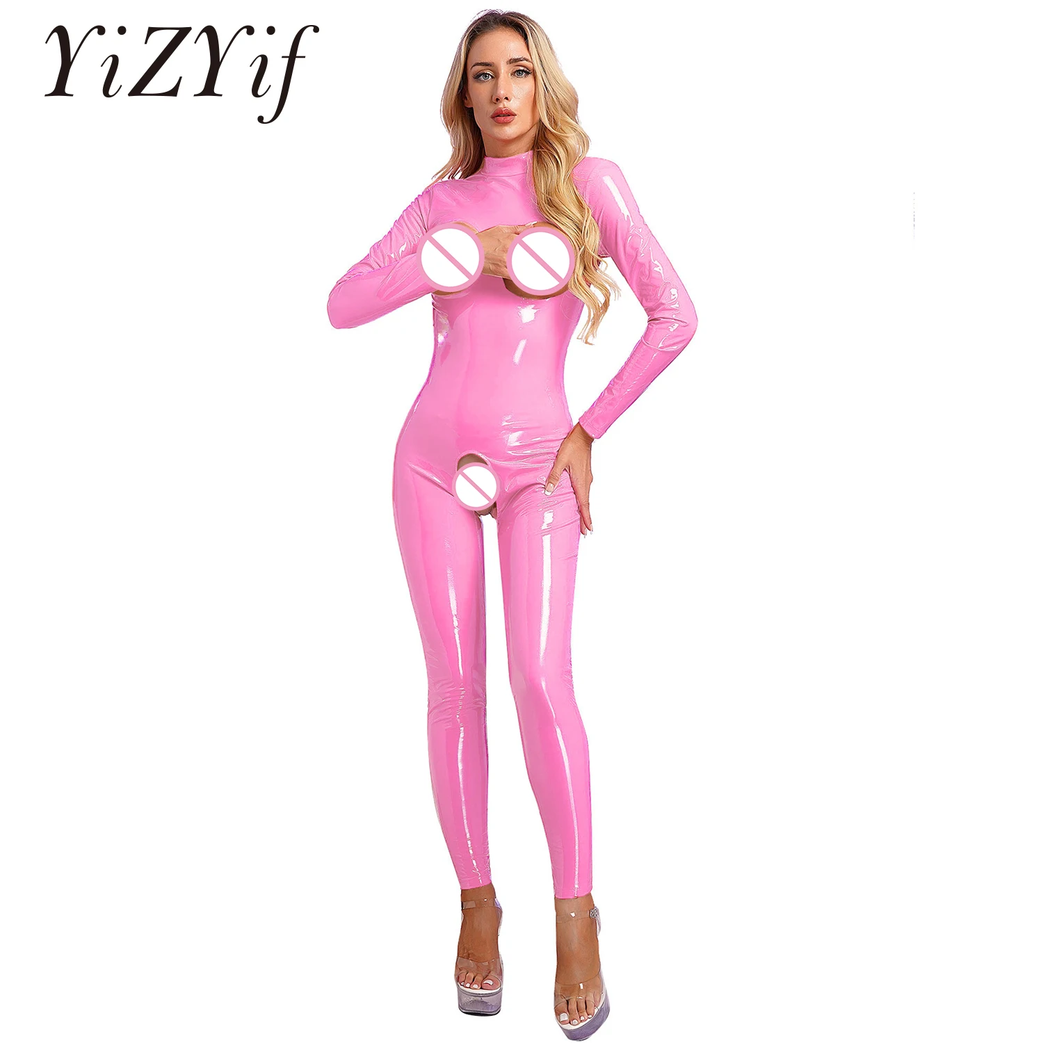 Women Open Cups Latex Catsuit Patent Leather Hollow Out Crotchless Jumpsuit Bodysuit Sleeveless Skinny Jumpsuits Clubwear