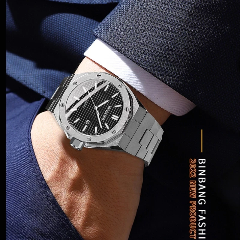 BINBOND B0233 Fashion Casual Men Watches Big Dial Silver Stainless Steel Calendar Quartz Wristwatch Classic Top Brand Male Clock