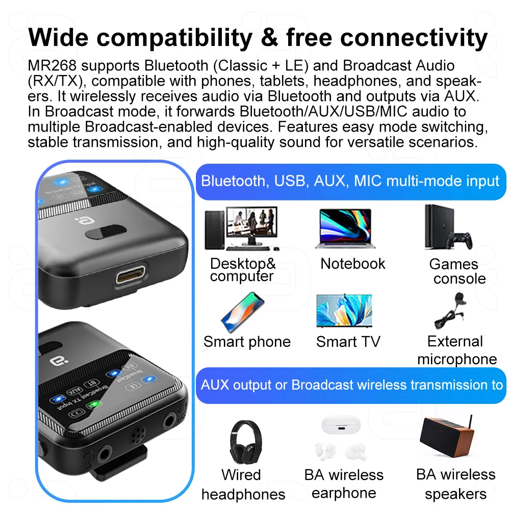 AYINO MR268 جهاز إرسال واستقبال الصوت بلوتوث 5.4 LE Audio، وضع البث، 100+ مشاركة الأجهزة، تصميم مشبك AAC/aptXAD/LC3، USB/AUX