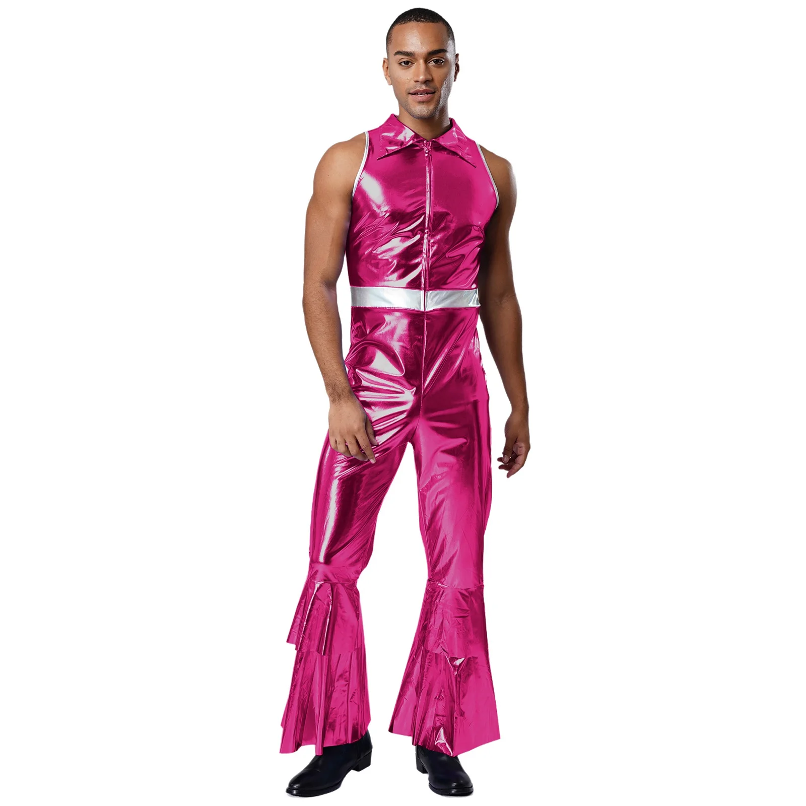 

Retro 70s Disco Jumpsuit for Men with Metallic Shine And Flared Pants Perfect for Music Theme Parties And Dance Performances