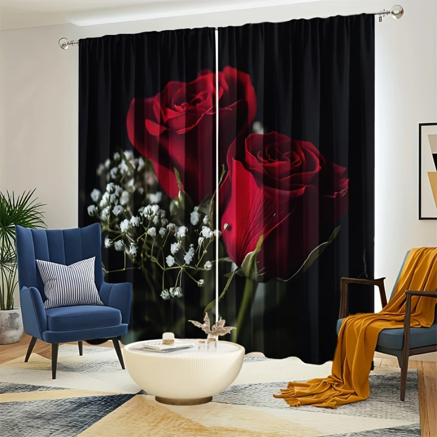 2PCS Digital Print Curtains, Red Roses Baby's Breath, Romantic Bouquet Floral Decor Classic Elegant Flower Living Room Drapes